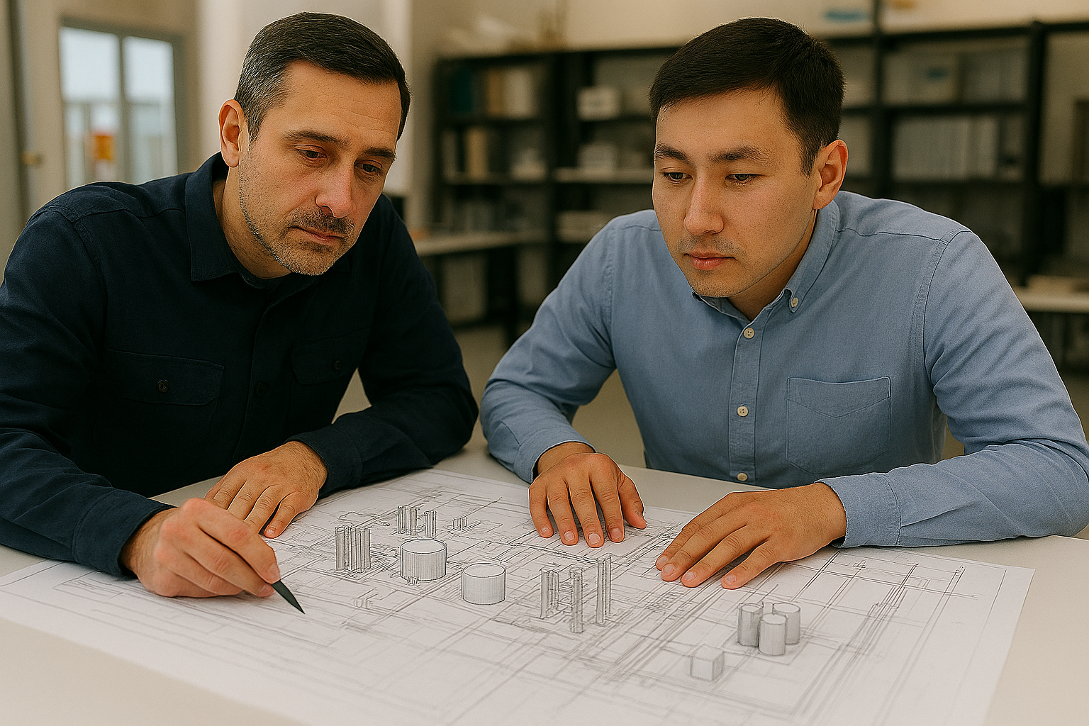 Microsoft Copilot. “Two Engineers Working on Industrial Facility Design.” Generated August 2025